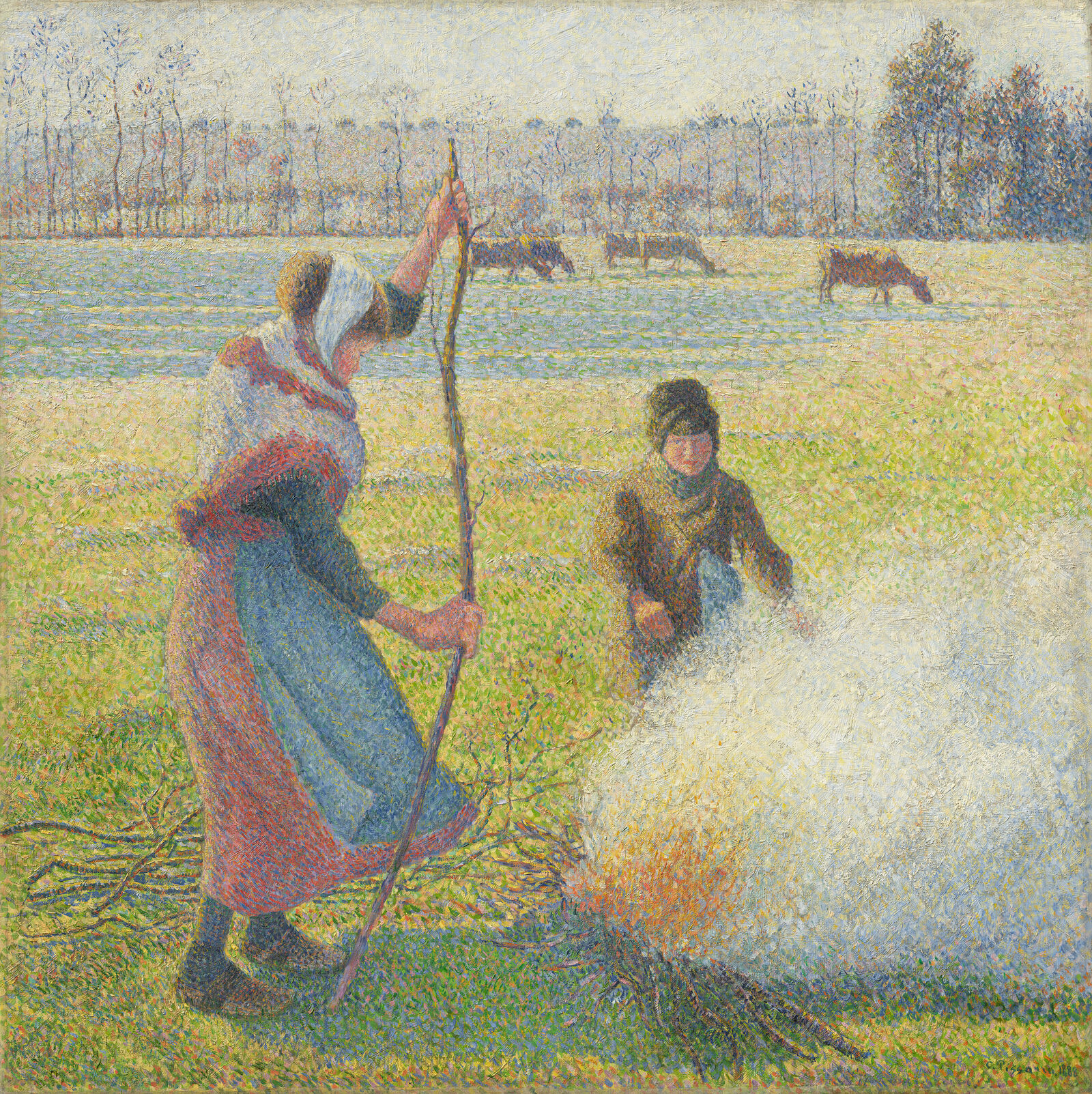 Camille Pissarro:  Hoar-Frost, Peasant Girl Making a Fire,  1888