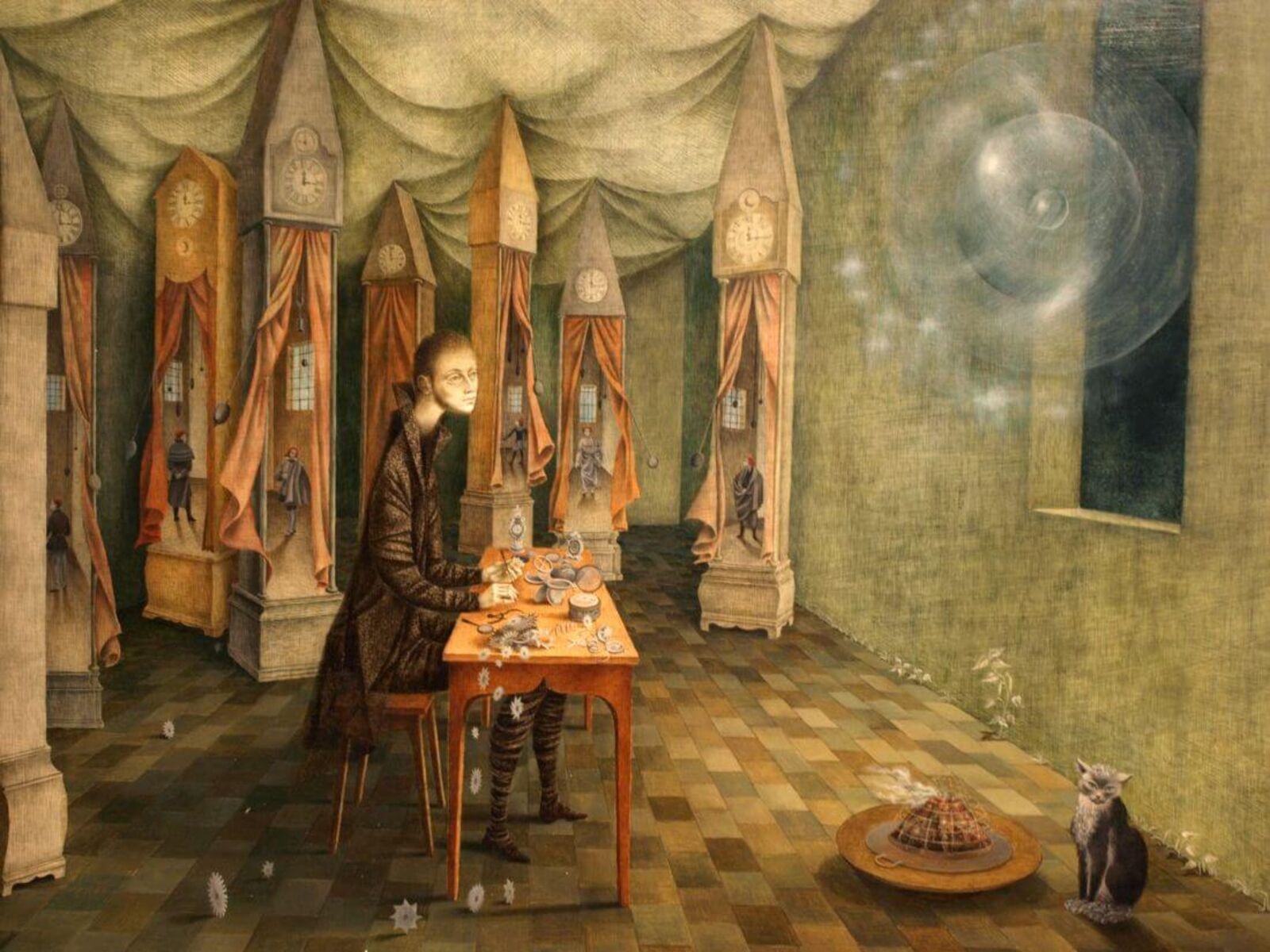 Varo’s paintings are captivating for their fine painterly execution. Her clockmaker is both a scientist and a magician. The cat in the lower right is probably his magical companion animal.