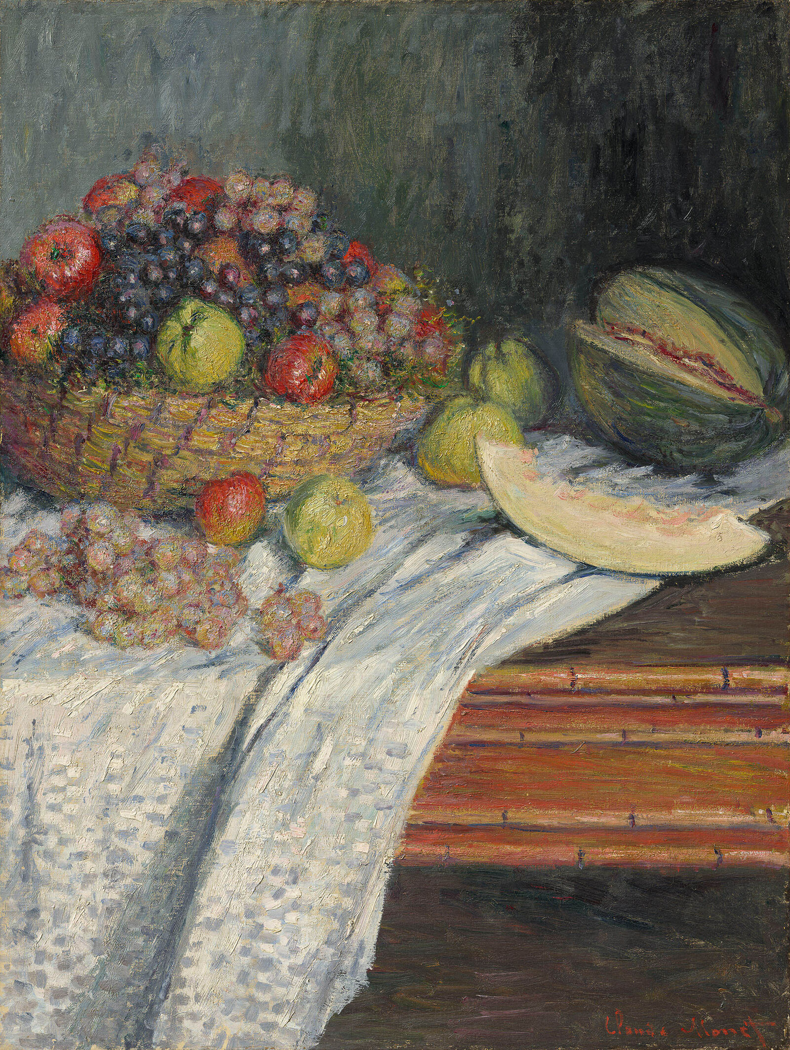 Monet zeigt die Melone im Anschnitt: Sein sorgfältig arrangiertes Früchtestillleben lebt von der Üppigkeit der Farben und Formen.