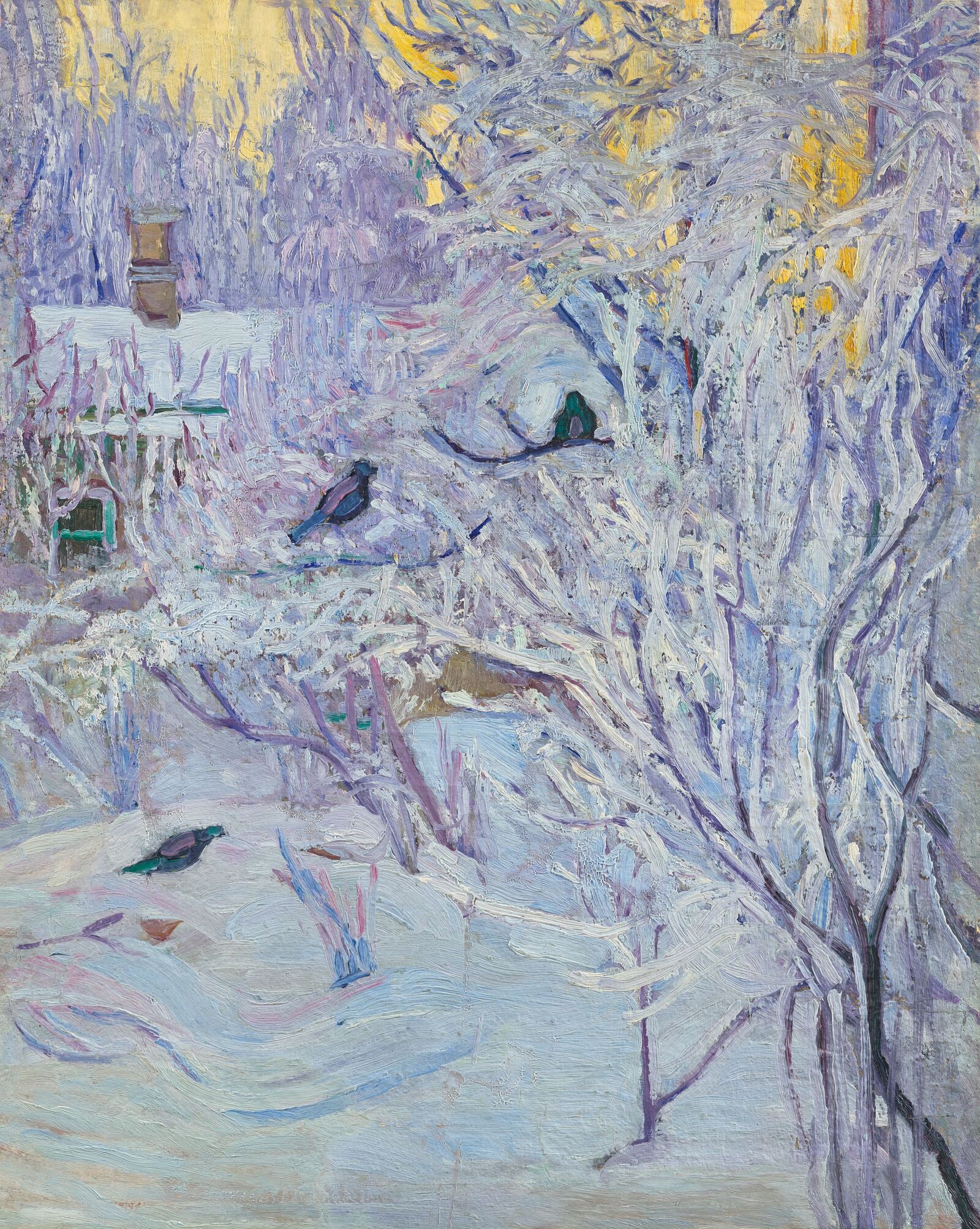 Olga Rozanova: Corner of the House and Bullfinches in the Tree: Winter, 1907–08, State Tretyakov Gallery, Moscow