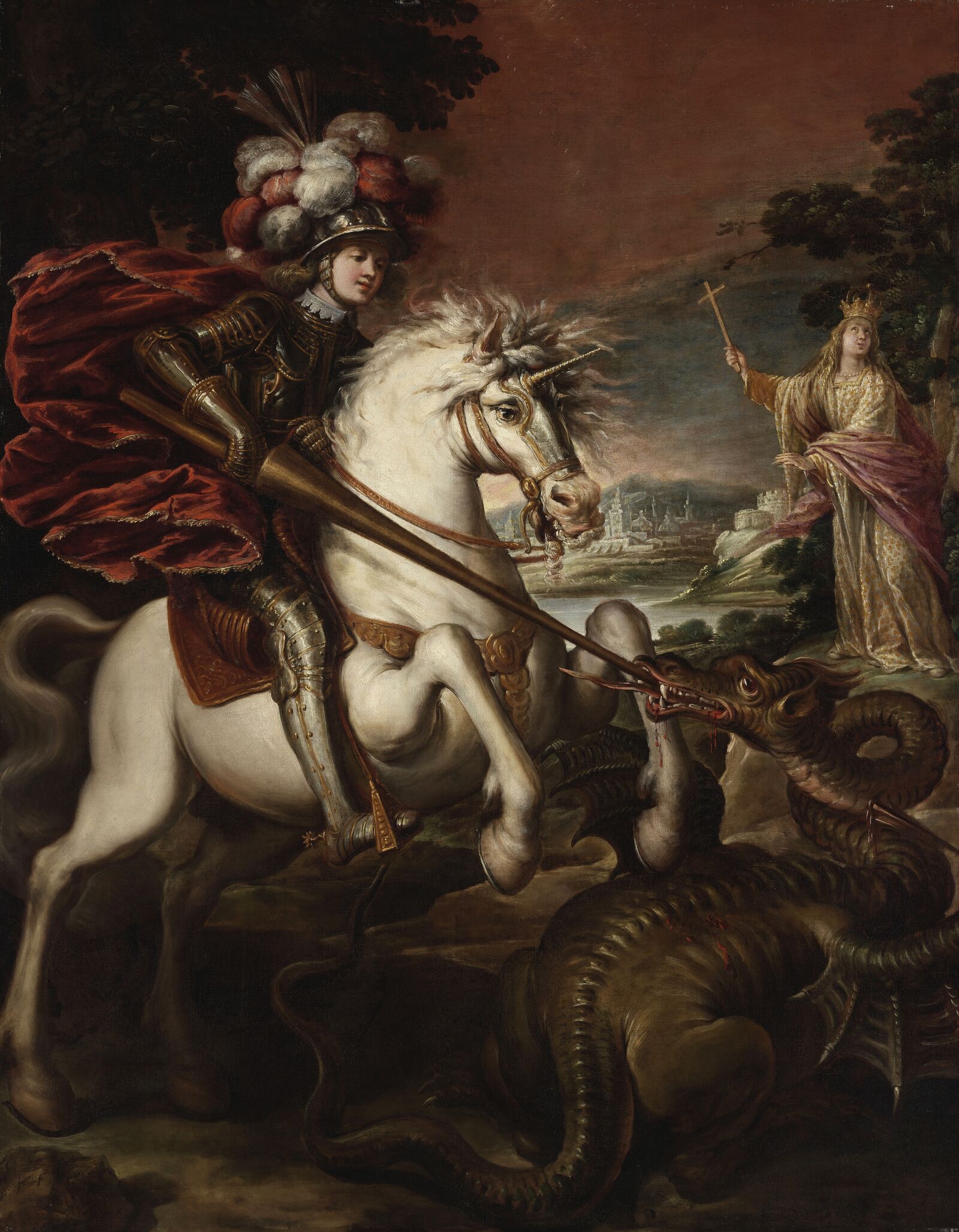 The knight Saint George rides a unicorn into battle against a dragon.