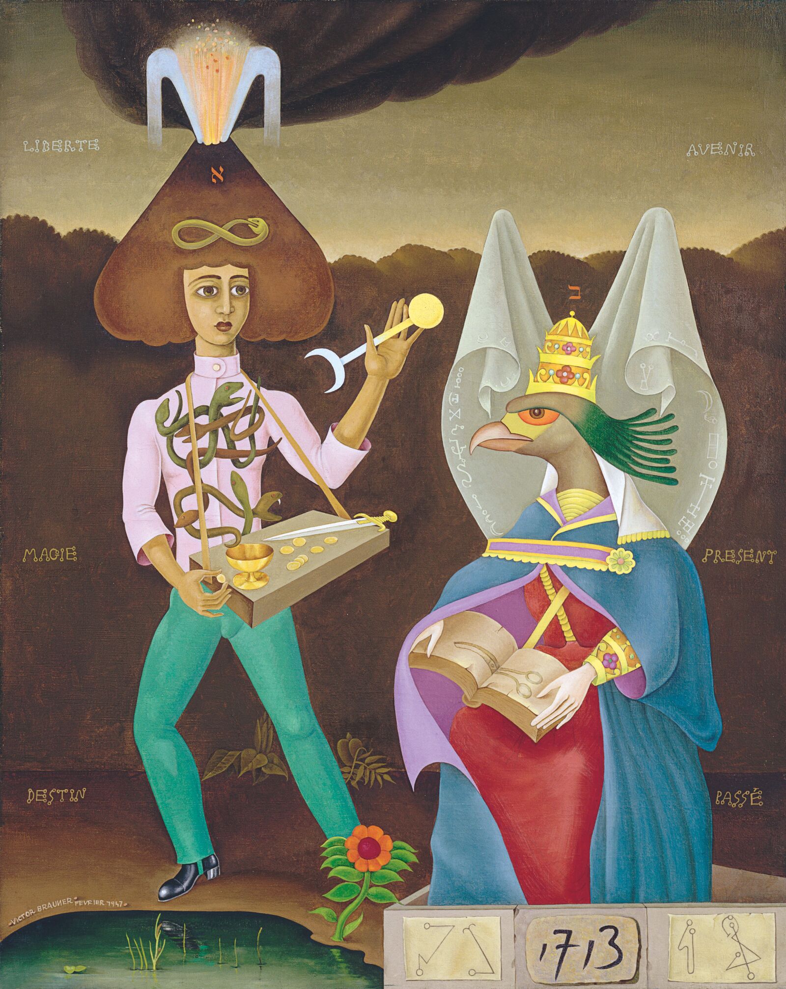Brauners Gemälde Die Liebenden war André Breton gewidmet und ein Kernstück der internationalen Surrealismus-Ausstellung, die 1947 in Paris stattfand. Die Werkschau war ganz auf Themen von Mythos, Magie und alchemistischer Regeneration fokussiert.