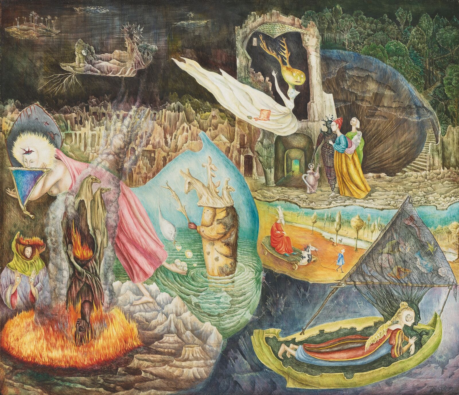 Der Titel nimmt auf den sagenumwobenen Merowingerkönig Dagobert Bezug, der der Legende nach aus einer übernatürlichen Blutlinie stammte. Carringtons Bild verbindet stilistische Anleihen aus spätmittelalterlicher Kunst mit alchemistischen Anspielungen auf die Macht der vier Elemente. Das Gemälde führte sie in der traditionellen Temperatechnik aus, bei der die Pigmente mit Eigelb angerührt werden.
