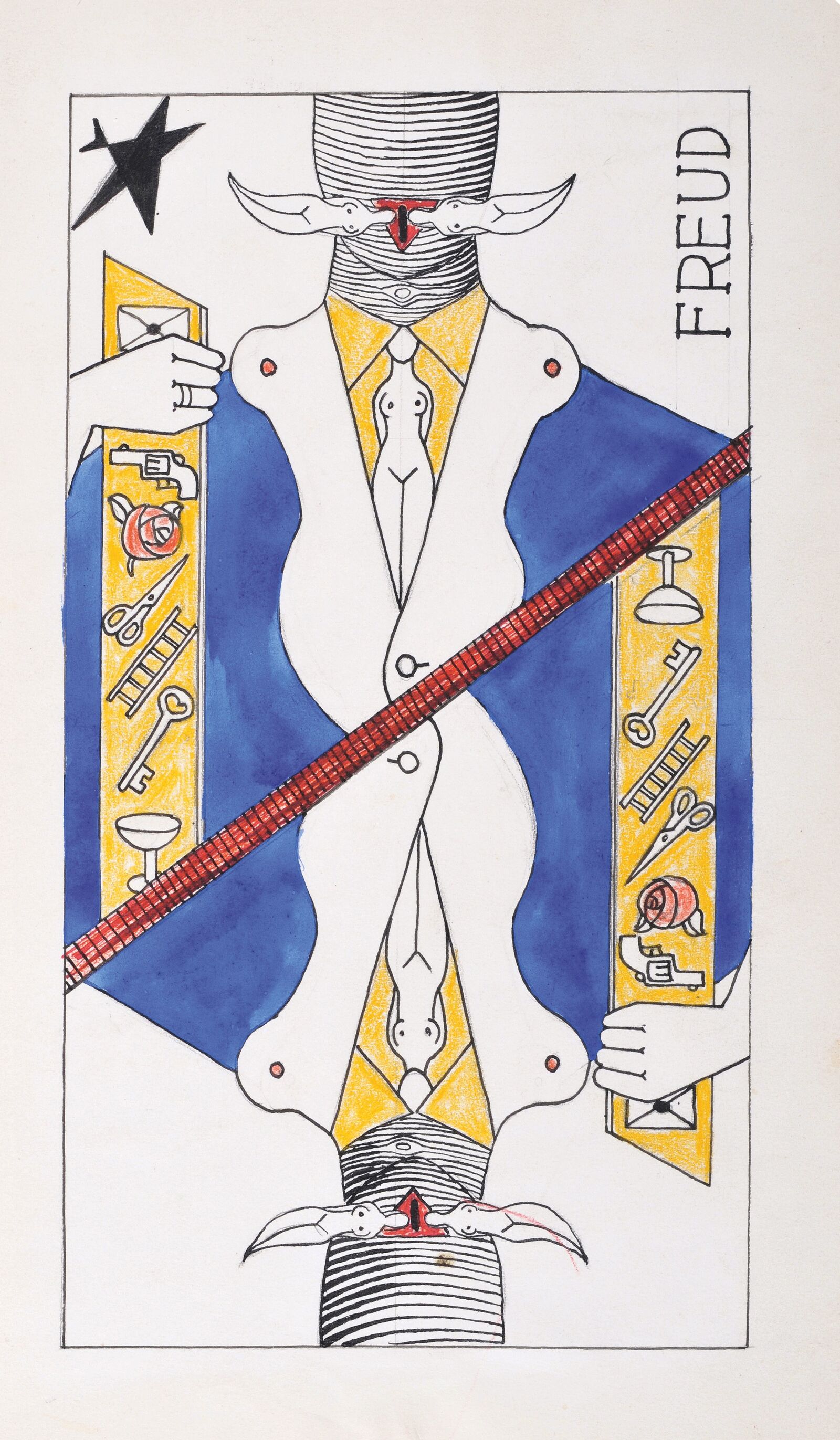 Die Schriften Sigmund Freuds waren eine wichtige Inspirationsquelle des Surrealismus. Óscar Domínguez feierte den Psychoanalytiker als „Magier des Traums“. Rose und Pistole stehen für Eros und Thanatos, den Liebes- und den Todestrieb. Die Darstellung von Freuds Körper und seiner Kleidung beinhaltet zahlreiche Anspielungen auf Sexualität und Begierde.