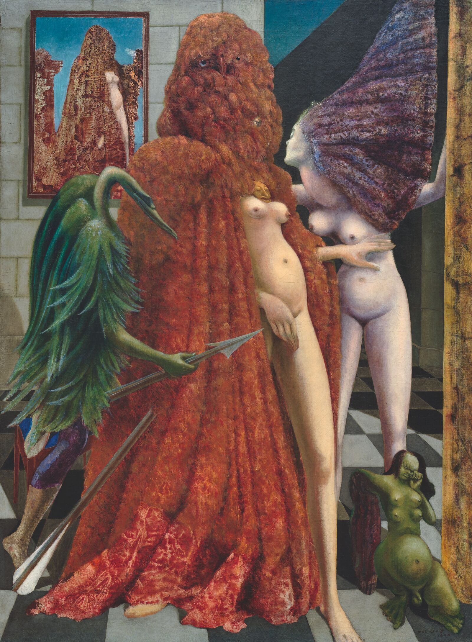 Sein Werk Einkleidung der Braut fertigte Max Ernst als eine Hommage an seine Partnerin, die englische Surrealistin Leonora Carrington. Inspiration konnte er aus tradierten Hexendarstellungen der Renaissance beziehen. Wie in einem magischen Ritual wird die nackte Verführerin hier in einen majestätischen Federmantel gehüllt. Als Kernfarbe der Magie assoziiert das leuchtende Rot seine Trägerin mit großer Zaubermacht.