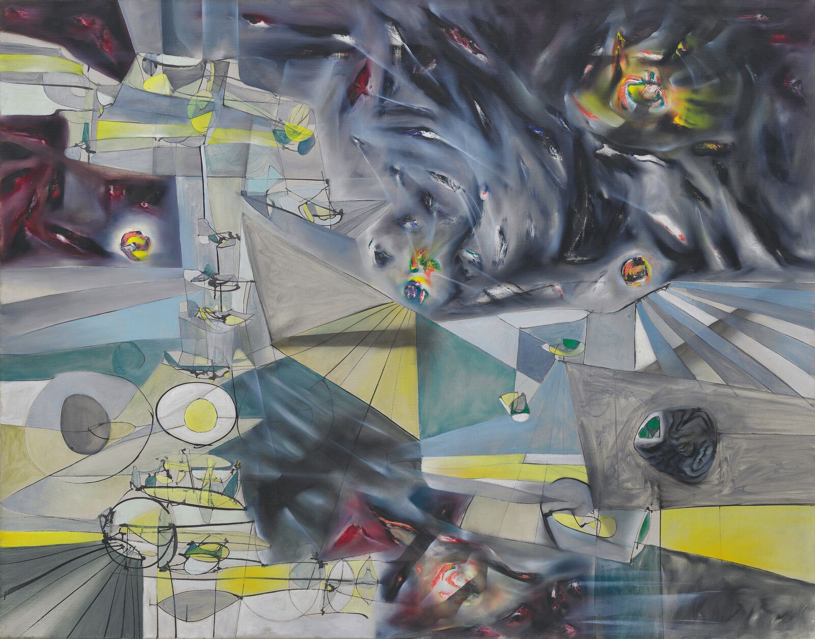Anfang der 1940er Jahre war Roberto Matta in die USA geflohen. Mit dem grellen Farbschema und den lodernden Flammen mutet Jahre der Angst wie eine futuristische Höllendarstellung an. Die komplexe Raumgestaltung ist auf Mattas Ausbildung zum Architekten zurückzuführen. 