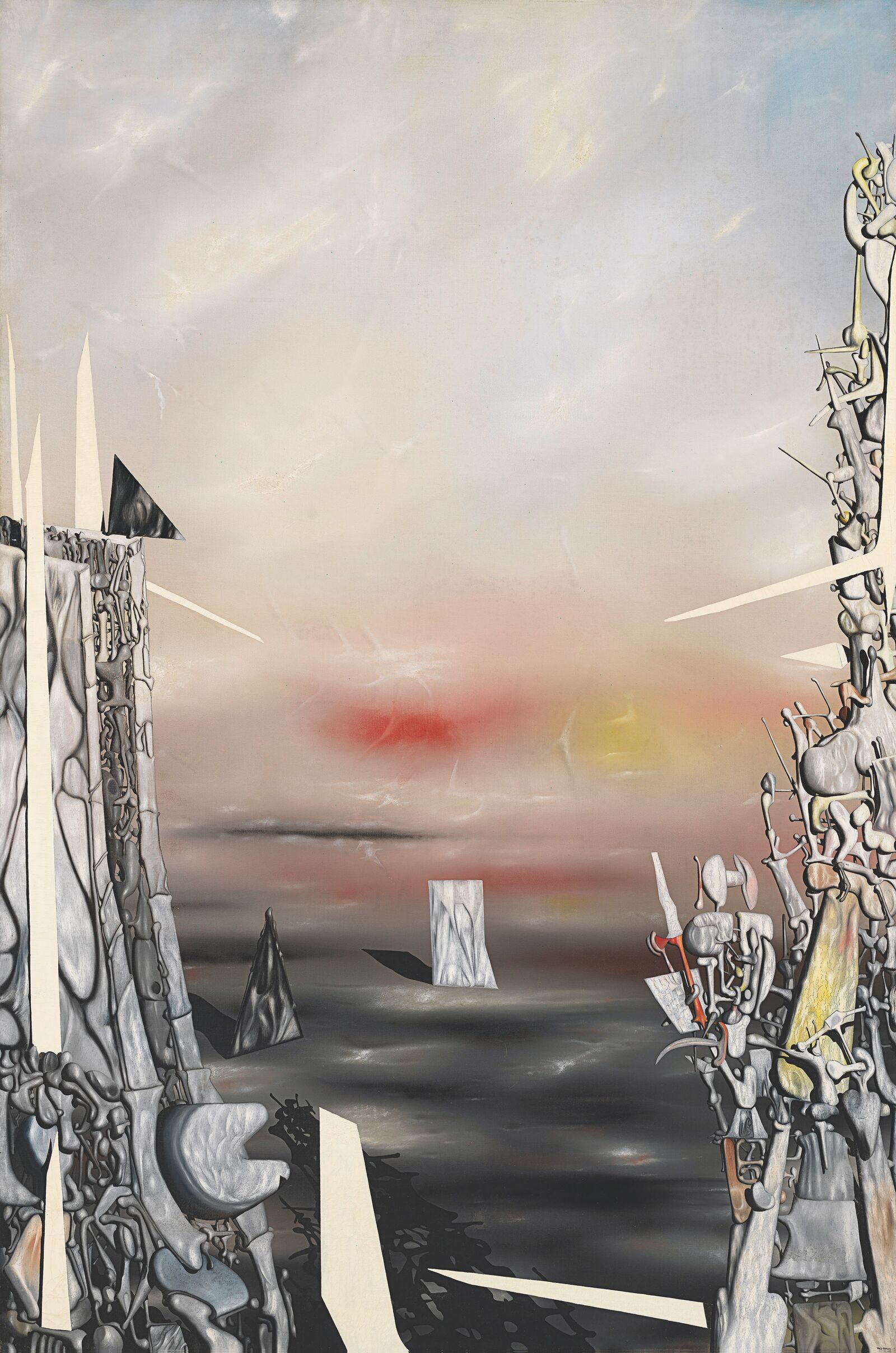 In the 1940s, Tanguy made several paintings that hark back to his experience of World War II. Here, the sharp edges of glass and configurations convey a sense of aggression. 