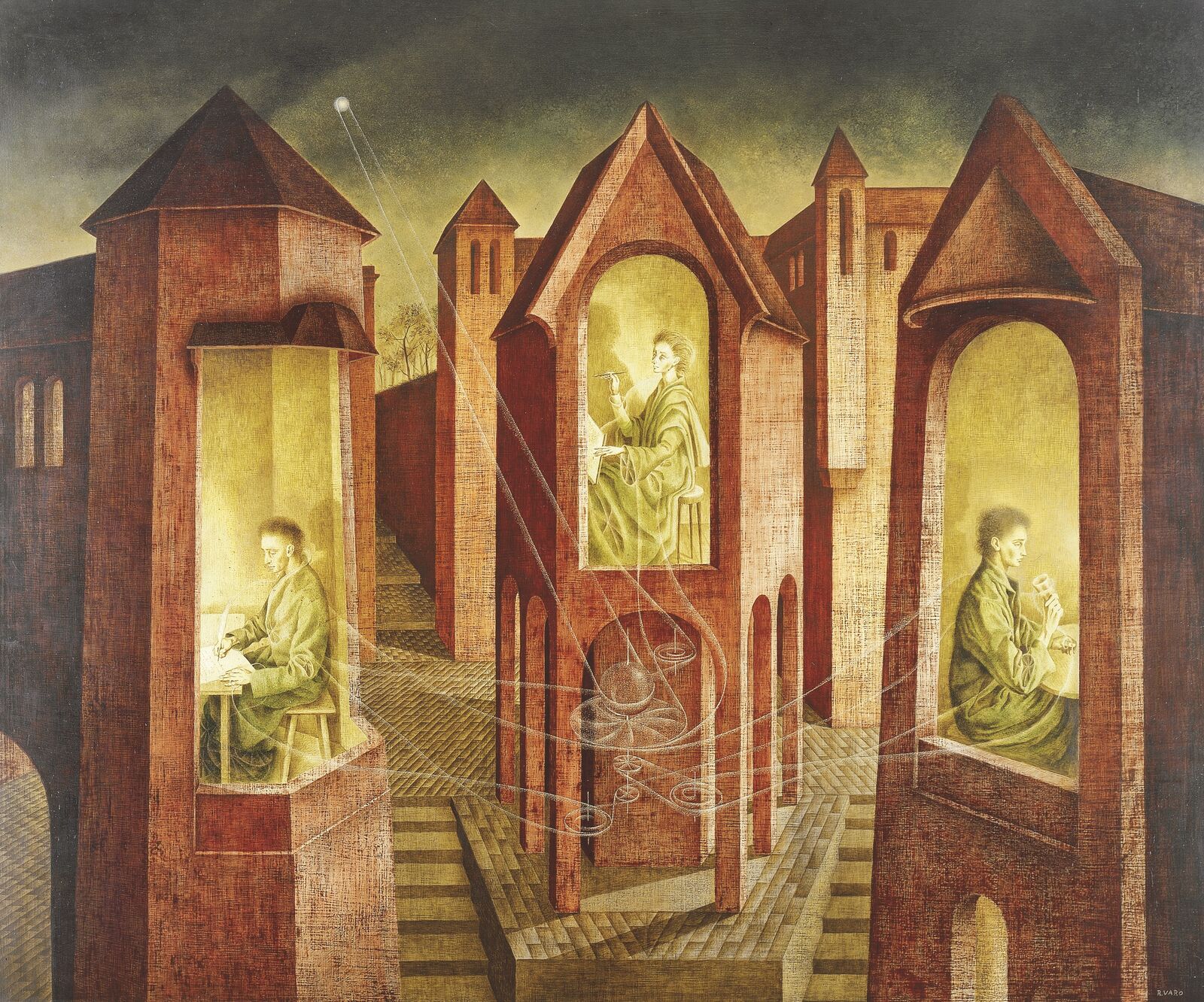 Varo here refers to the idea that the celestial bodies influence the course of people’s lives. The invisible ropes suggest that the fates of the three figures are magically linked. 