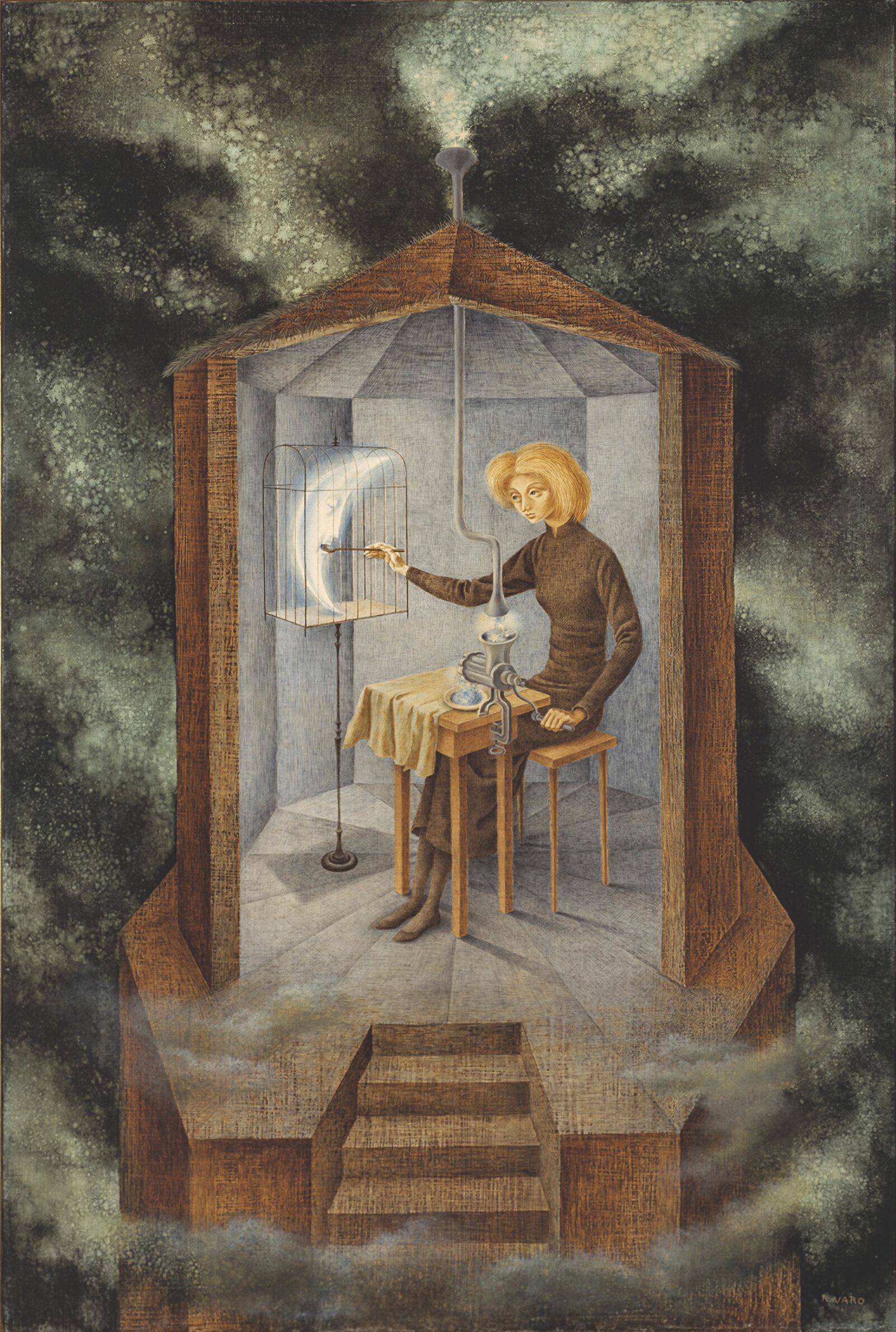 A young blonde woman grinds star matter into a celestial pablum. With this magical nourishment the cosmic nurse nurtures a sickly crescent moon.